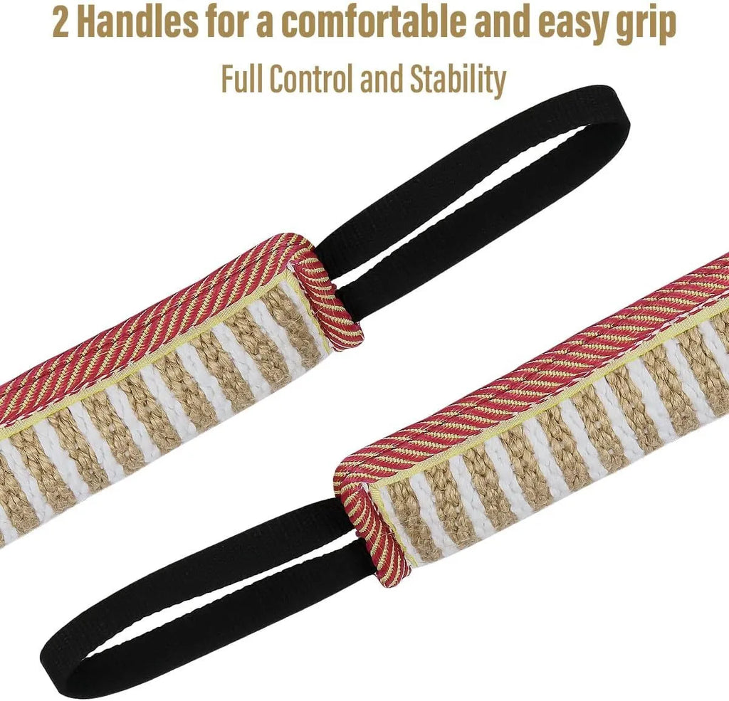Beige and pink jute dog tug toy with two handles for tug of war games