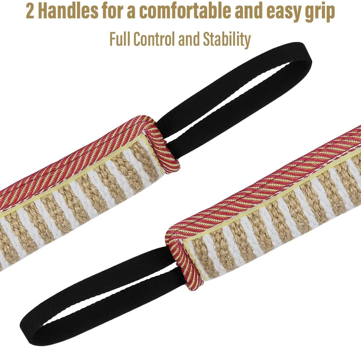 Beige and pink jute dog tug toy with two handles for tug of war games