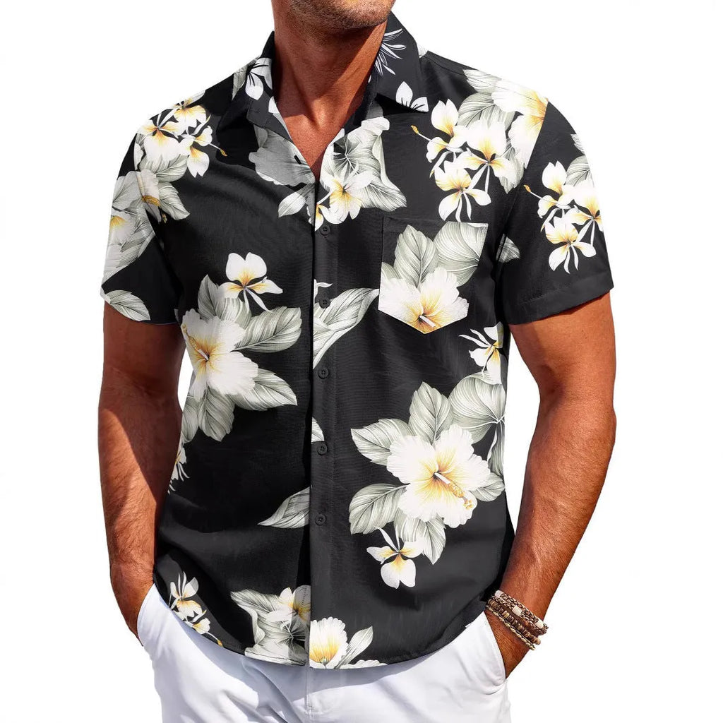 Man wearing a slim-fit Hawaiian short-sleeve shirt in elastic polyester fabric.
