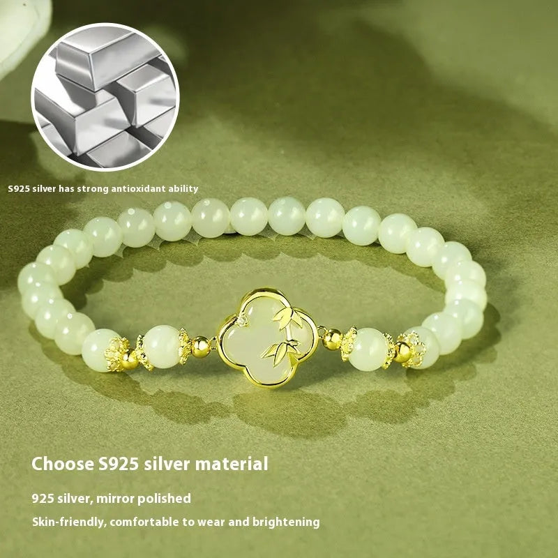 Hetian jade bracelet and necklace set with silver leaf inlay in national style design