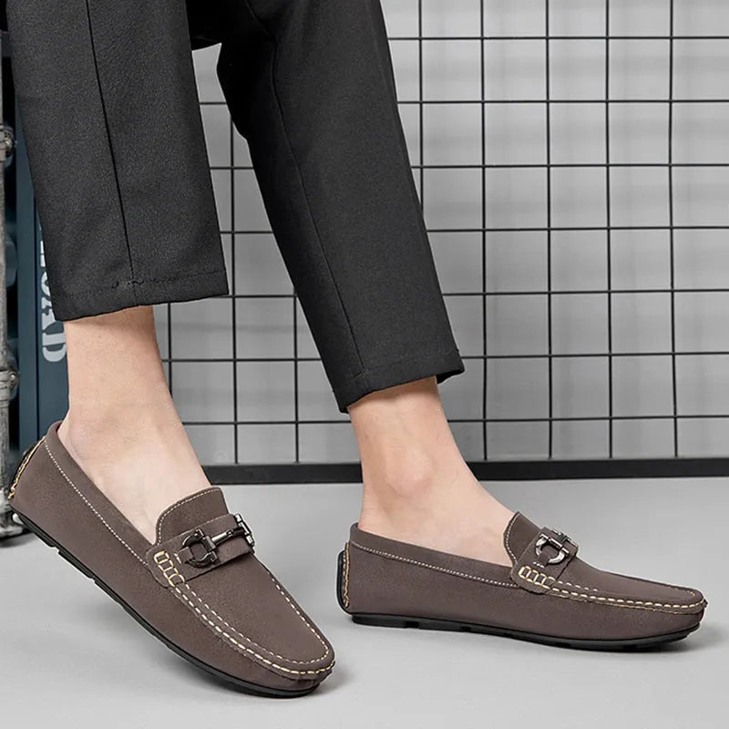 Men's casual leather slip-on loafers in beige with round toe and rubber sole