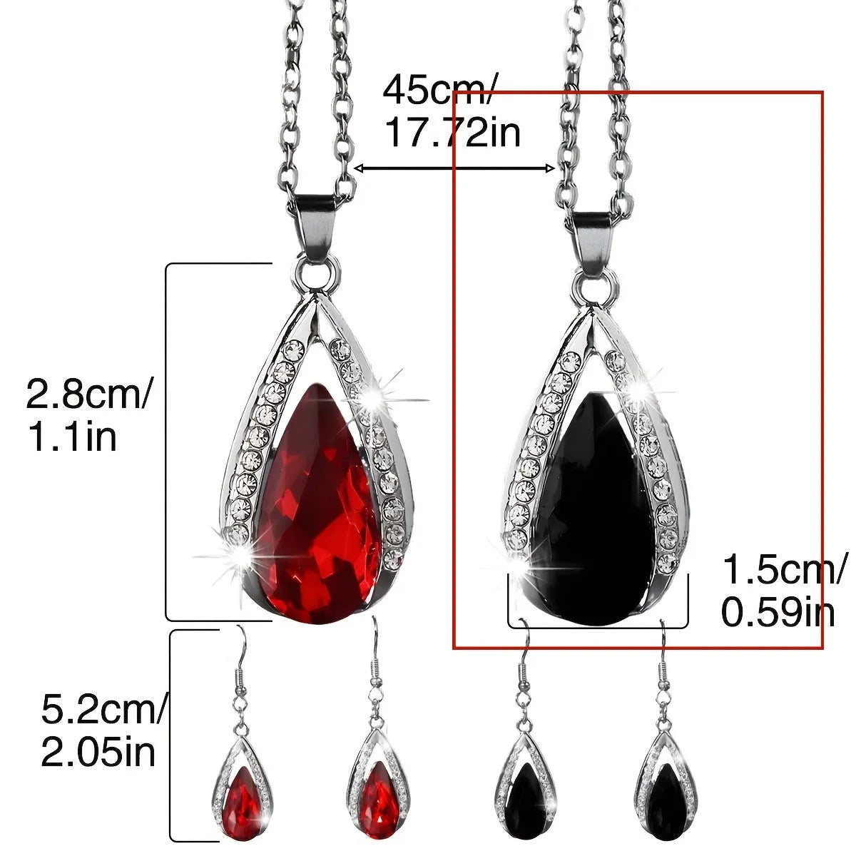 Black and red alloy teardrop pendant necklace with matching droplet earrings set.