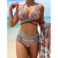 Blue high-waist cross bandage bikini set with separate smock, bra, and panties.