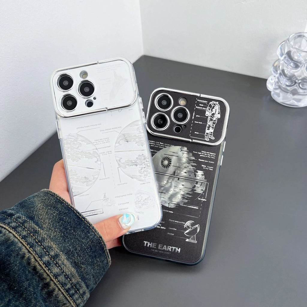 Pleated bracket TPU phone case with metal planet design for iPhone 14 Pro, two colour options shown