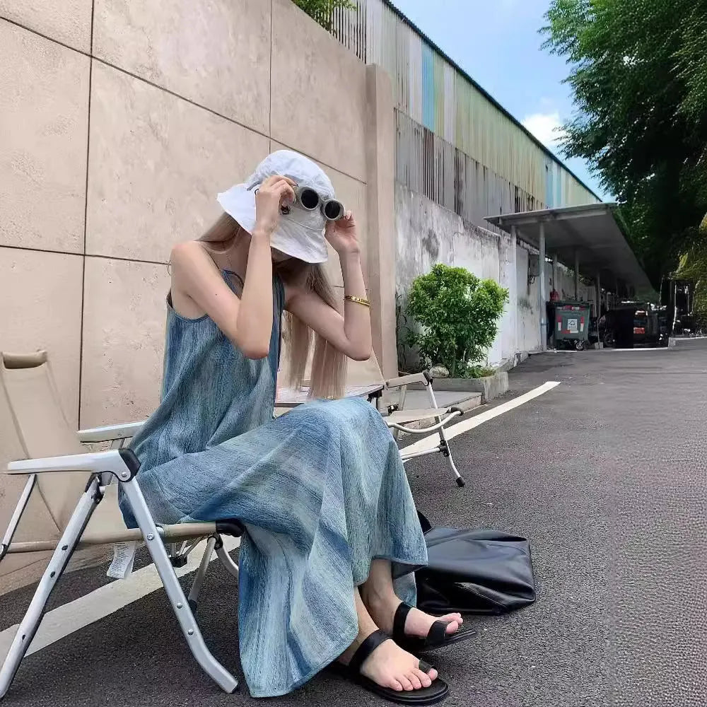 Women's French-style ink blue tie-dye slip dress with high waist and sling style, sizes S to XL