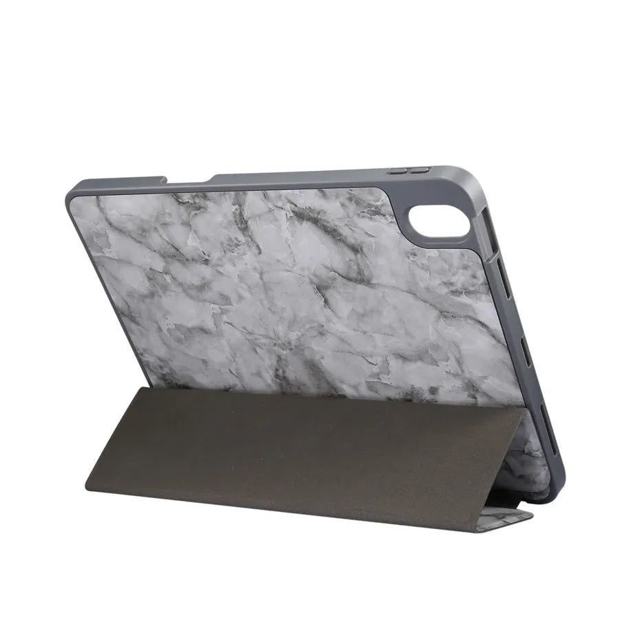 iPad leather case with 9 tri-fold marbling pattern and pen slot in dark gray, creamy-white, purple, blue, or pink