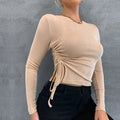 Slim-fit round-neck long-sleeve glossy knit top in solid khaki for women