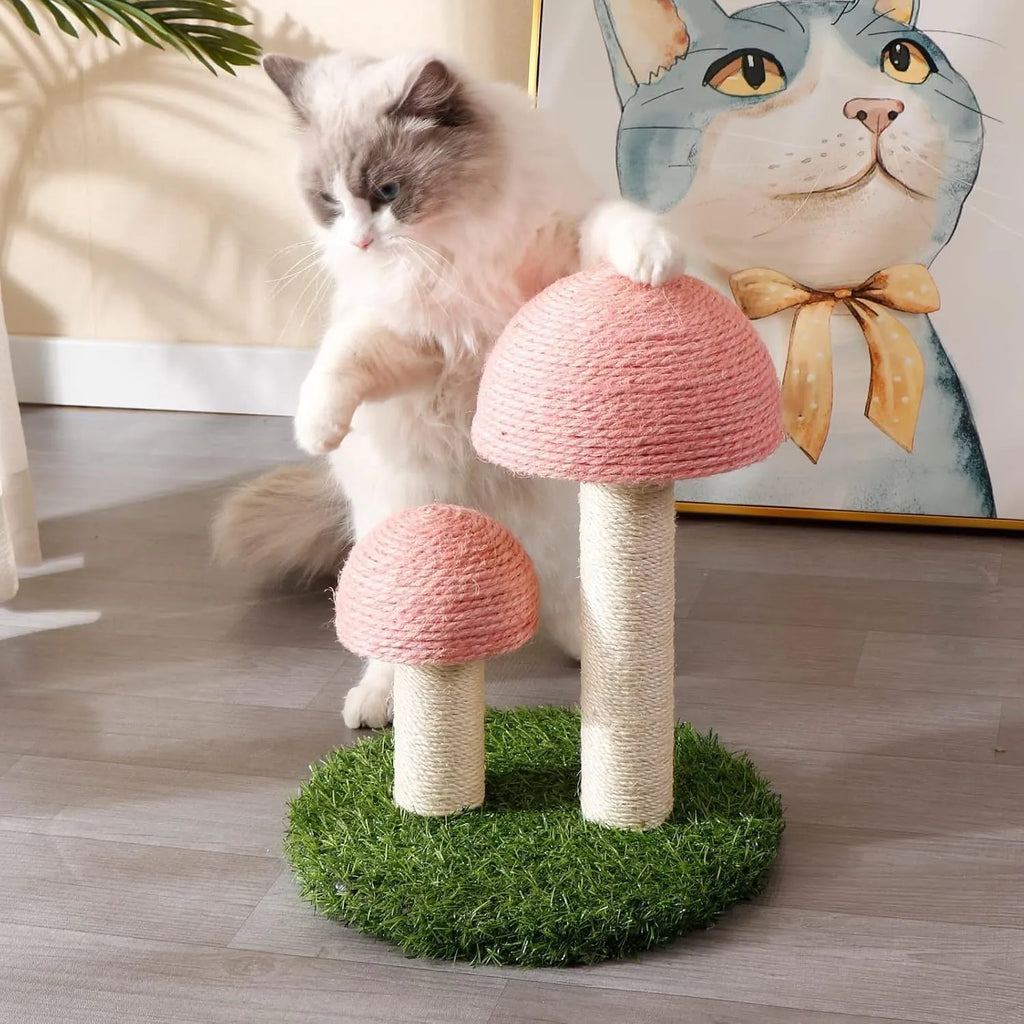 Pink mushroom-shaped cat scratching post with natural sisal covering for small cats up to 1.9kg