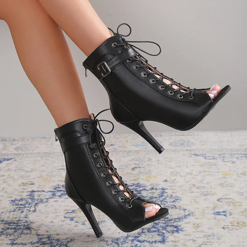 Women's black PU peep toe high heel pumps with lace-up buckle and back zipper