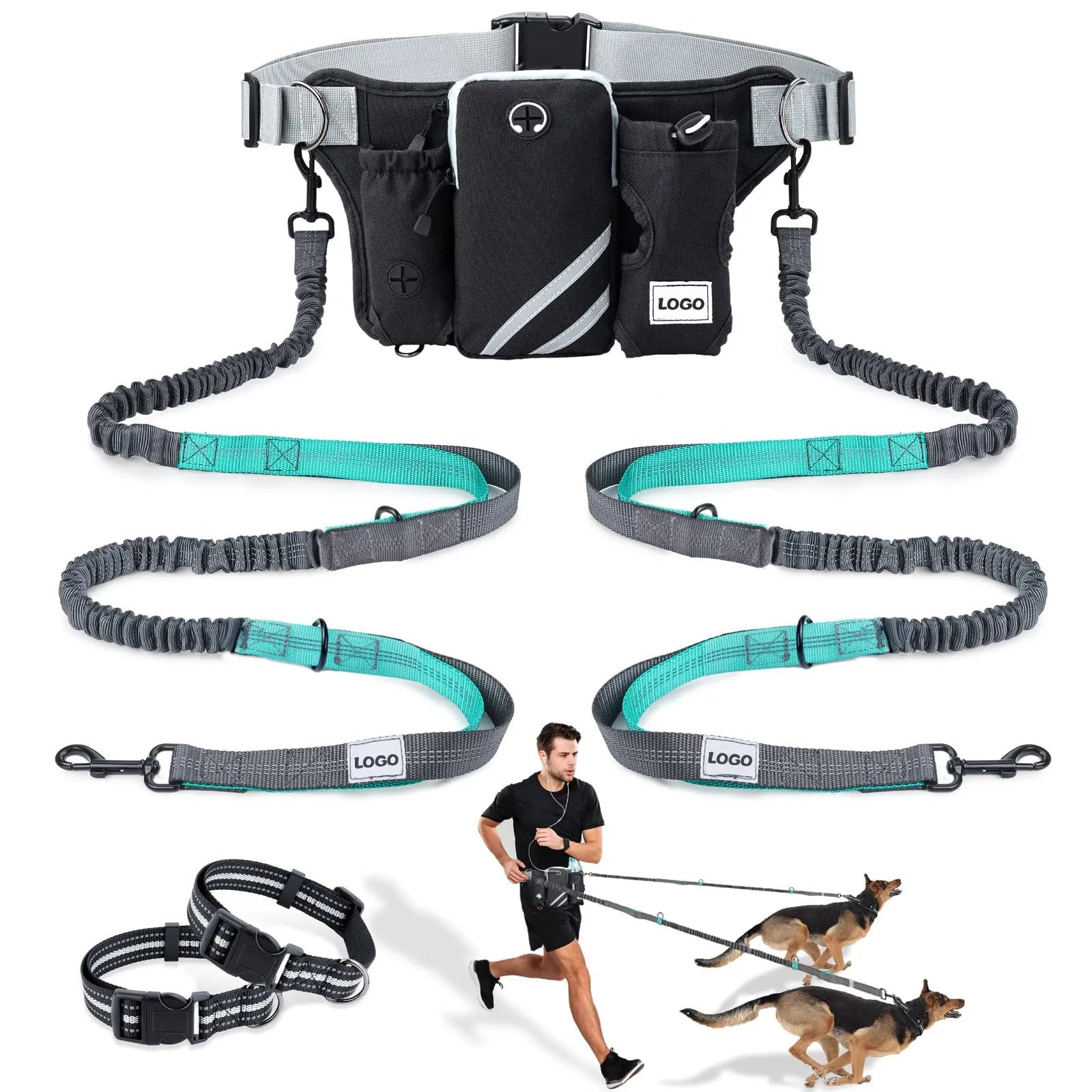 Black nylon dog walking set including waist bag and adjustable leash with collar for outdoor training