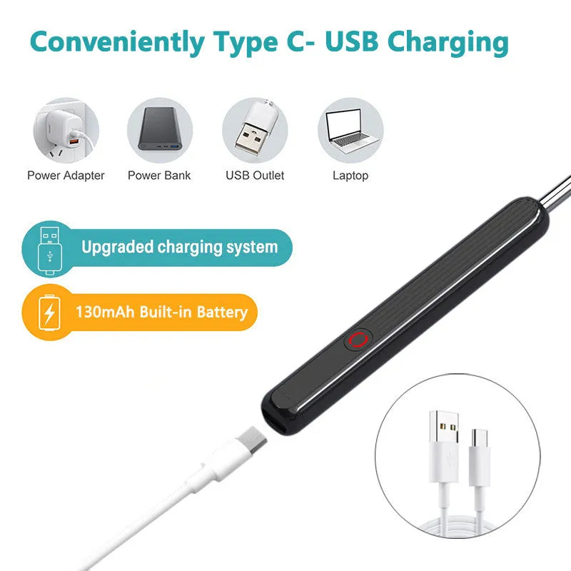 NE3 wireless ear cleaner otoscope with camera, charging cable, and spoon heads on a white background.