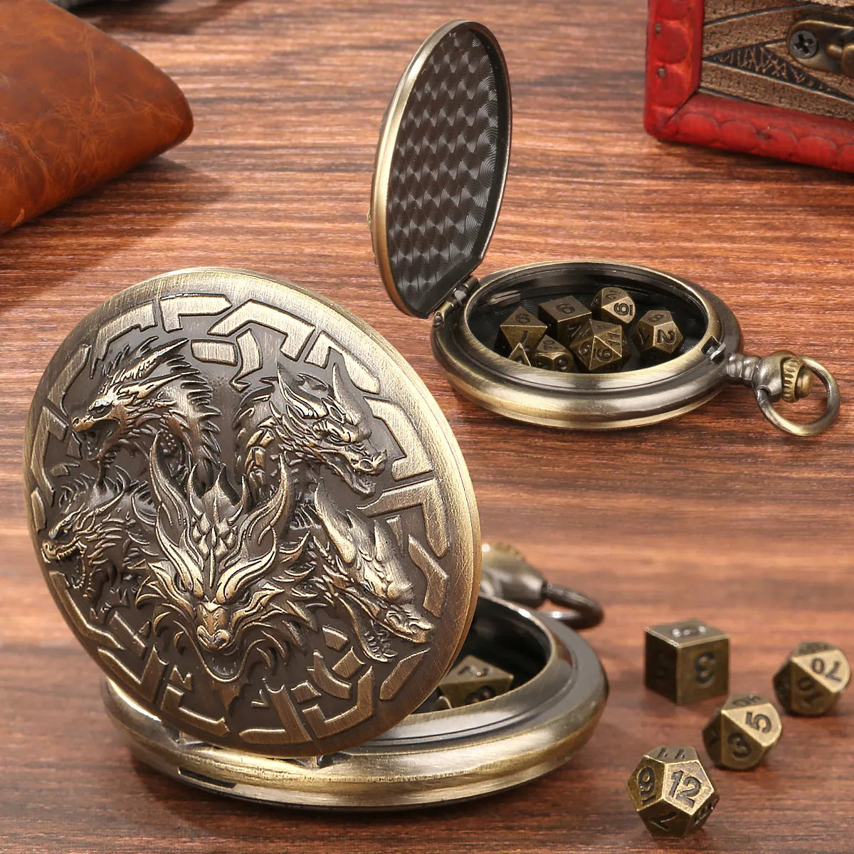 Retro pocket watch shaped zinc alloy dice set with seven polyhedral dice in bronze finish