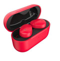 Flame red Qualcomm TWS 3040 wireless Bluetooth earbuds with charging case and USB cable.