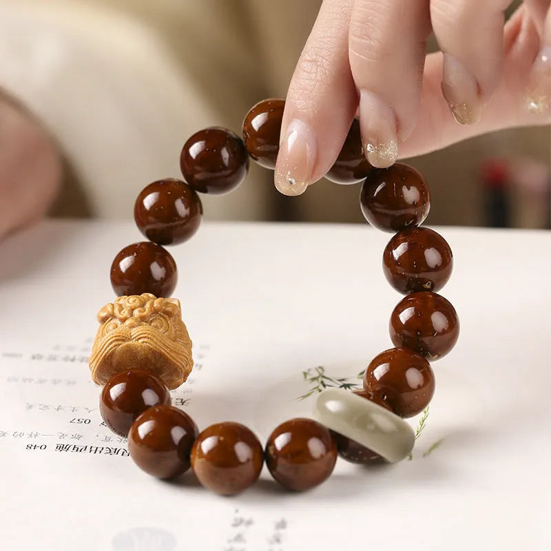 Hand-woven single circle bracelet with 13mm round beads in lion style options