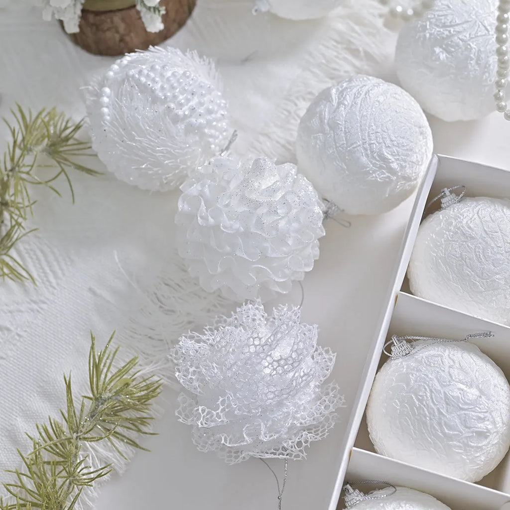 Lace glitter foam Christmas ball decorative pendant in XM0171S colour with plastic core and half-handmade finish