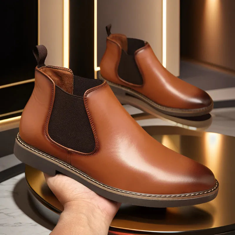 Men's black and yellow plus-size British-style calf-length leather boots with flat square heel