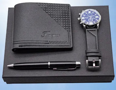 Creative holiday gift set featuring a wallet, pen, and watch in a gift box, available in black or brown.