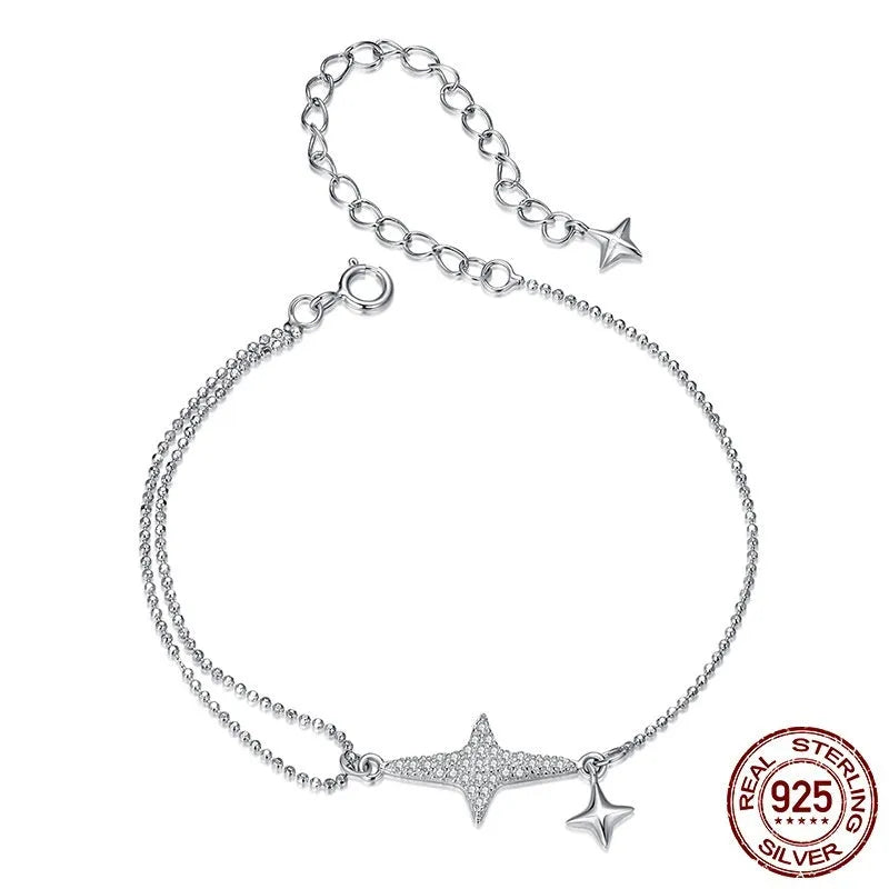 S925 sterling silver white gold plated star charm bracelet on a white background for women
