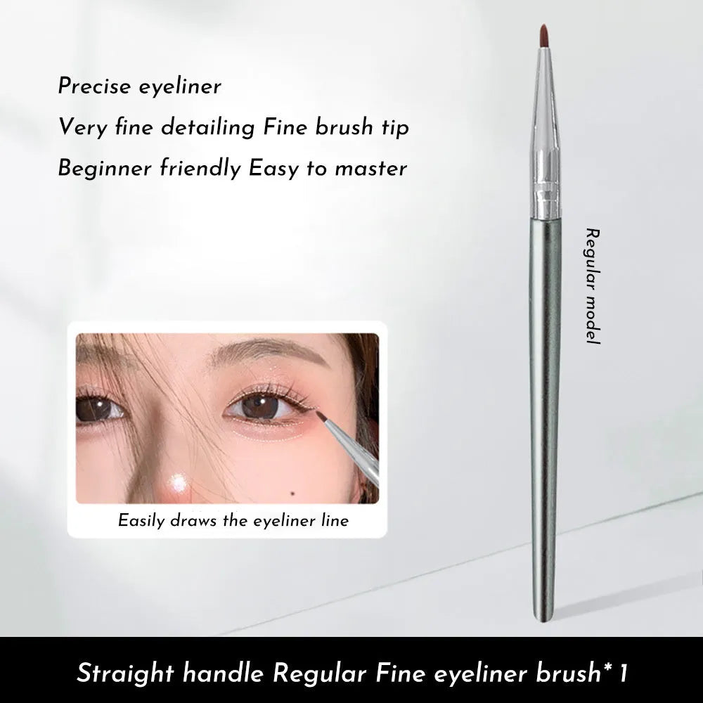 Close-up of a fine-tipped synthetic makeup brush for eyeliner and under-eye concealer application.