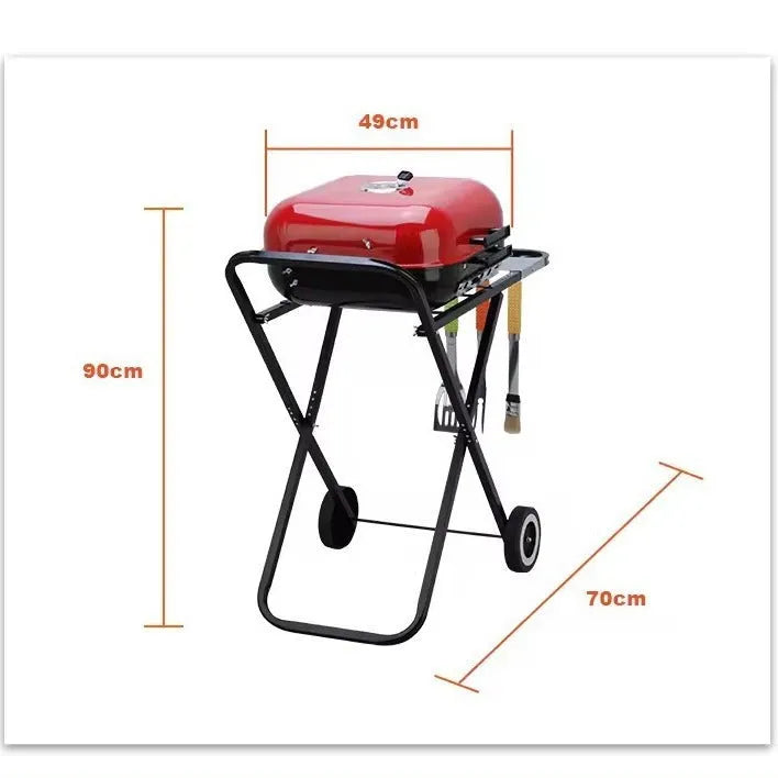 Outdoor foldable hand-push bicycle barbecue grill with 42.5x50cm plate and enamel coating for 5+ people