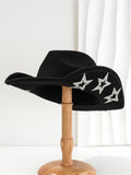 Beige polyester felt western-style top hat with a conical crown and a hexagonal star decoration on the front.