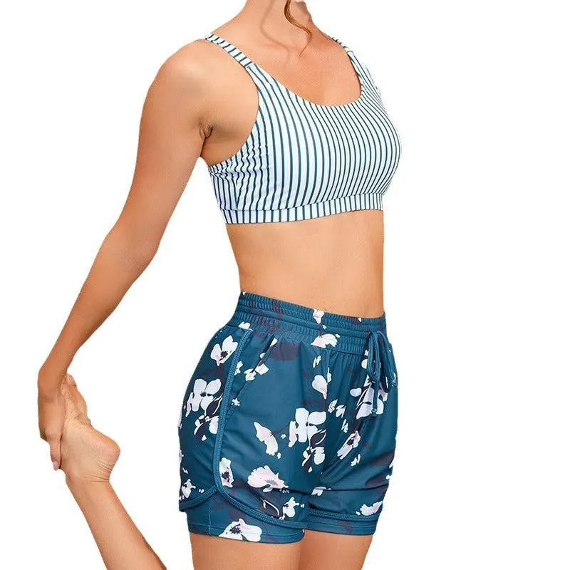 Striped printed strap bikini women's two-piece swimsuit with briefs and suspender top in picture colour