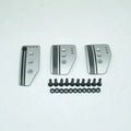 Set of three aluminium alloy car pedals for brake, accelerator, and clutch with screws and nuts.