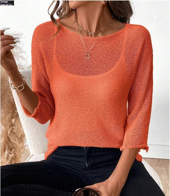 Knitted women's off-shoulder top with 3D pattern in thin polyester fabric for spring summer wear