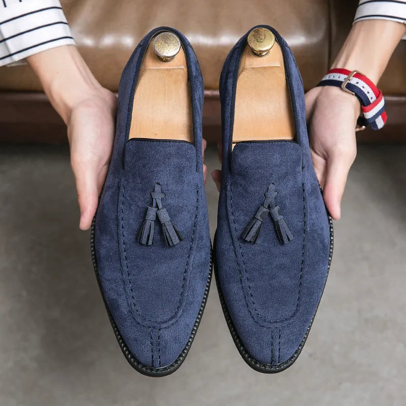 Men's suede matte fashion leather shoes in blue, flat heel low tube design with breathable and waterproof features