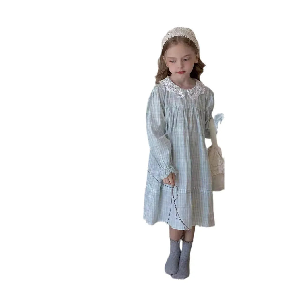 Girls light blue plaid cotton dress with lace detail available in sizes 90cm to 140cm