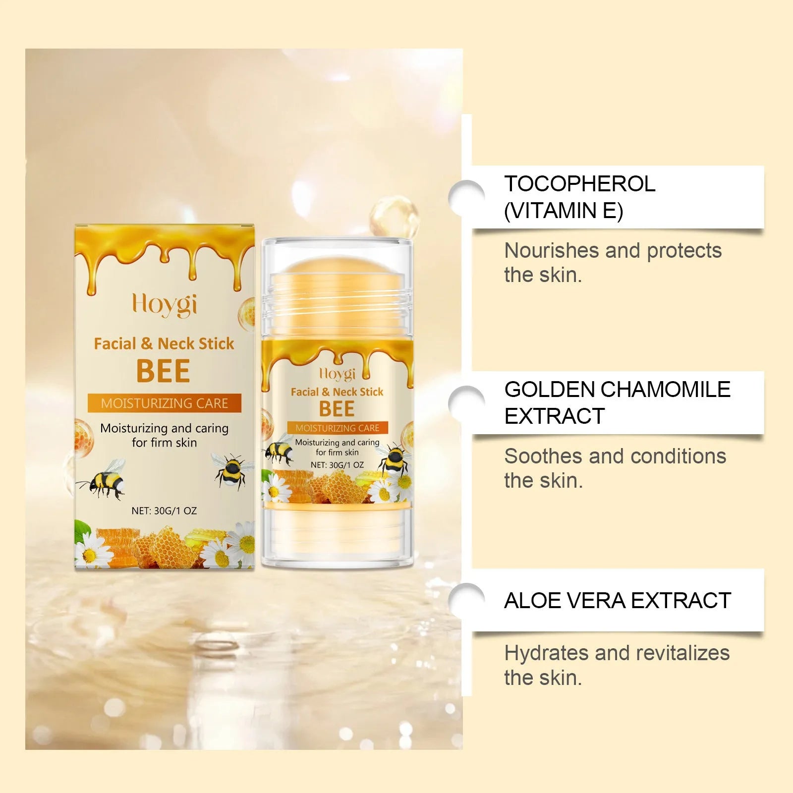 30g twist-up moisturising essence stick for facial skincare with bee venom and botanical extracts.