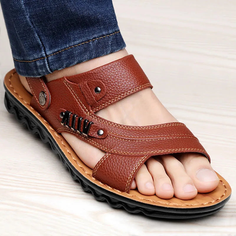 Men's first layer cowhide open-toe sandals with rubber sole, available in black colour option