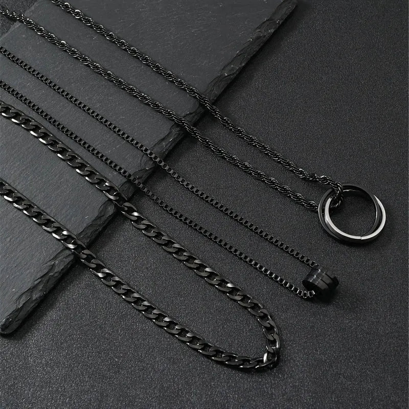Black titanium steel necklace with cylindrical ring buckle pendant and regular chain