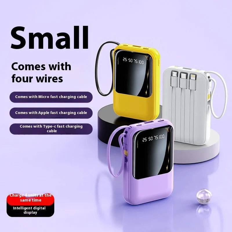 Small super fast charge power bank with cable in black plastic shell, compact size 100x66x27mm