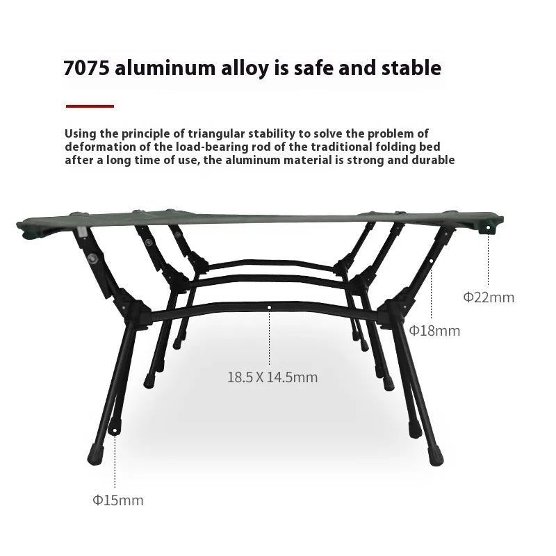 Lightweight portable folding bed in khaki colour with black brackets, showing folded and assembled configurations