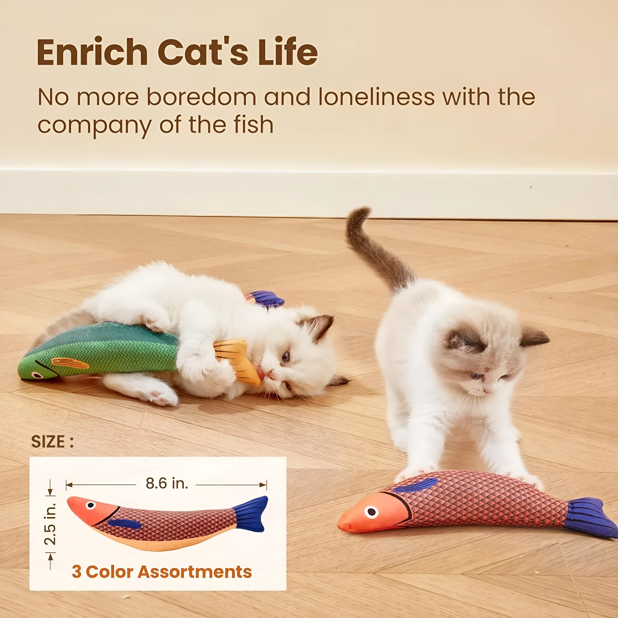 Green, orange and yellow soft plush catnip fish kicker toy measuring 24cm long