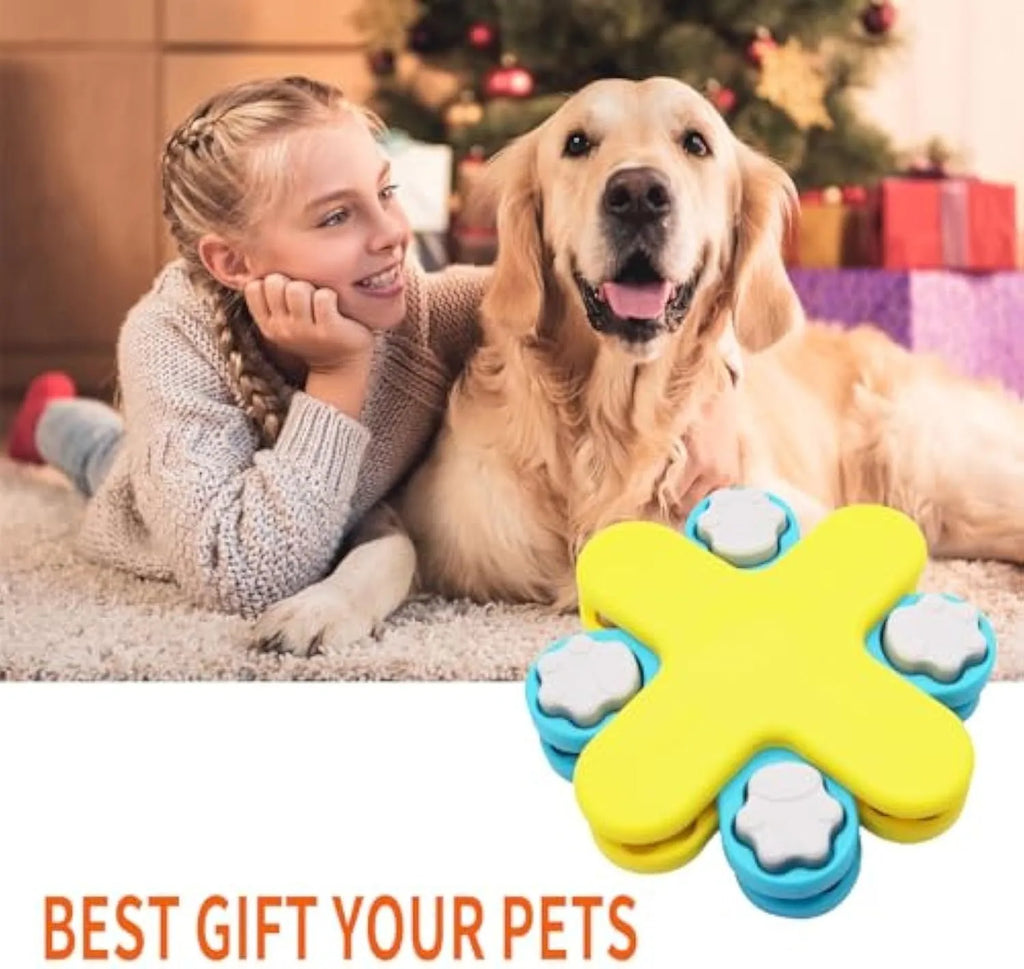 Yellow three-layer rotating dog puzzle feeder with claw-shaped obstacles and anti-slip base