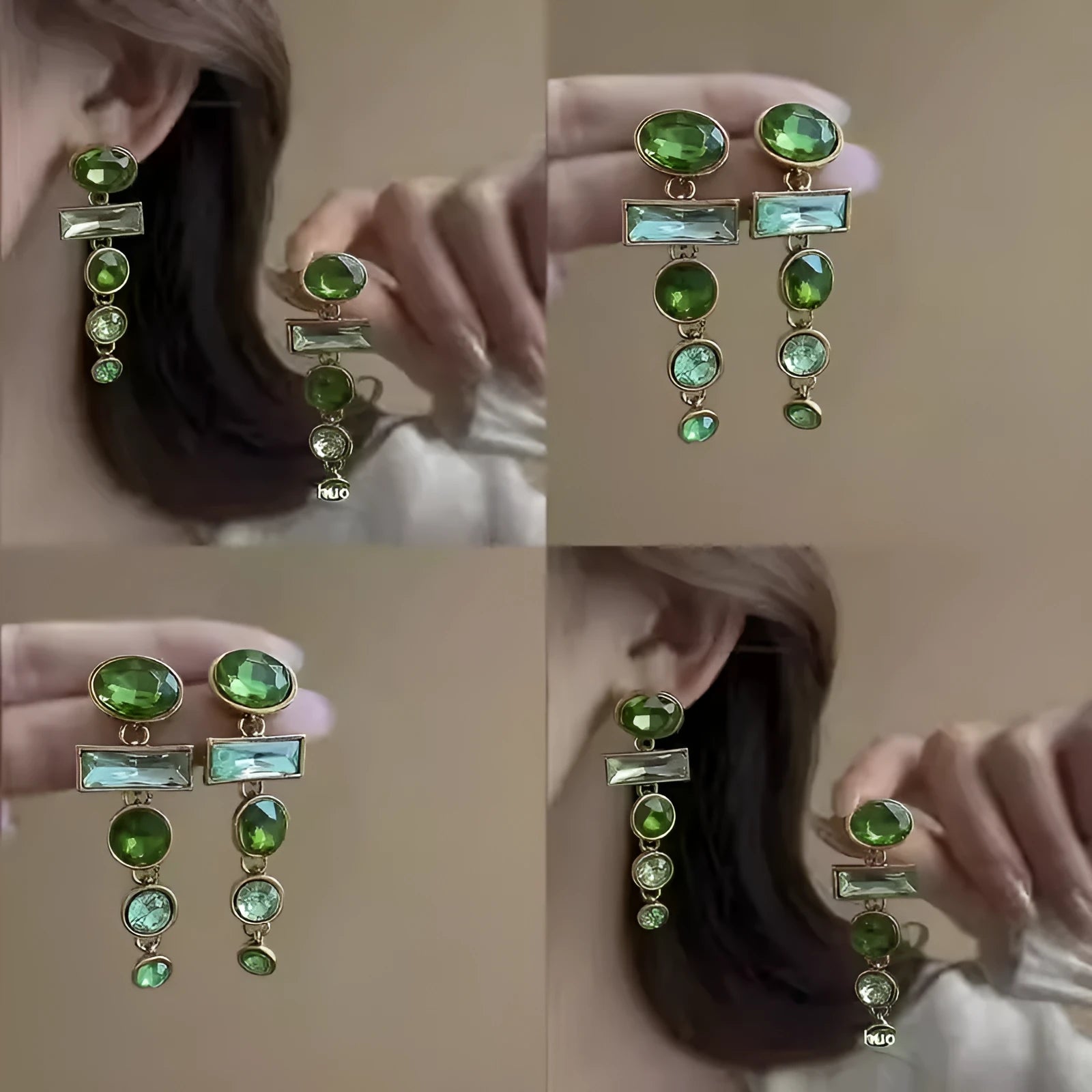 A pair of retro green gradient alloy earrings with geometric Chinese-style design, inlaid zircon stones, and decorative tassels.