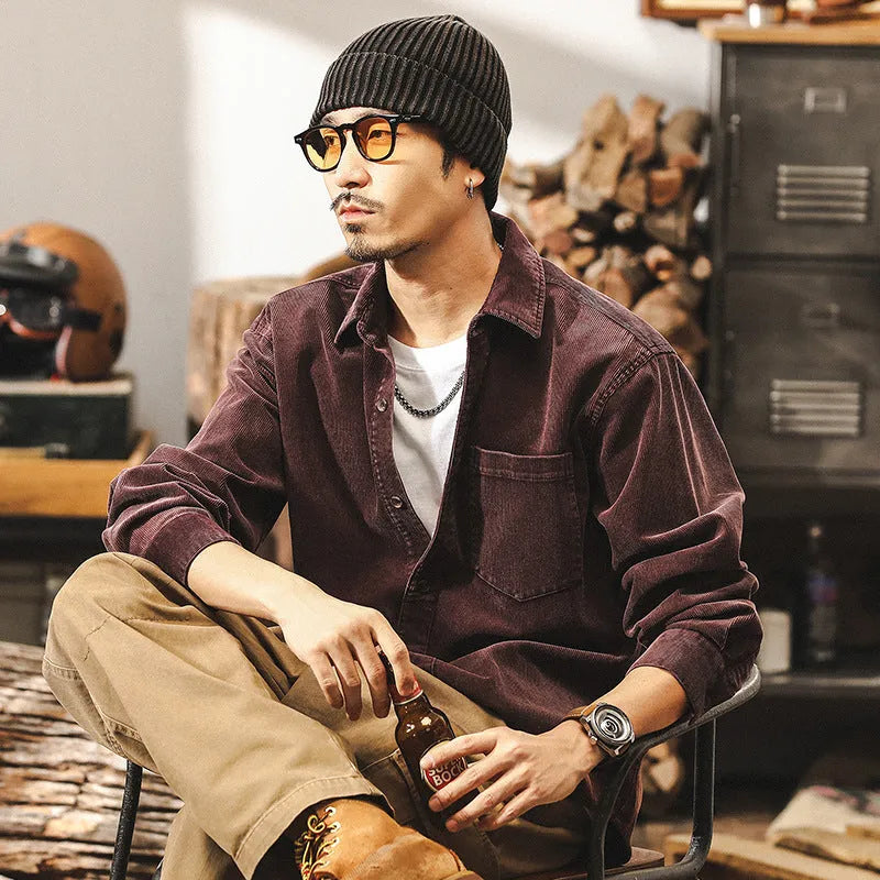 Men's retro corduroy casual shirt jacket in loose fit with long sleeves available in red and black colours