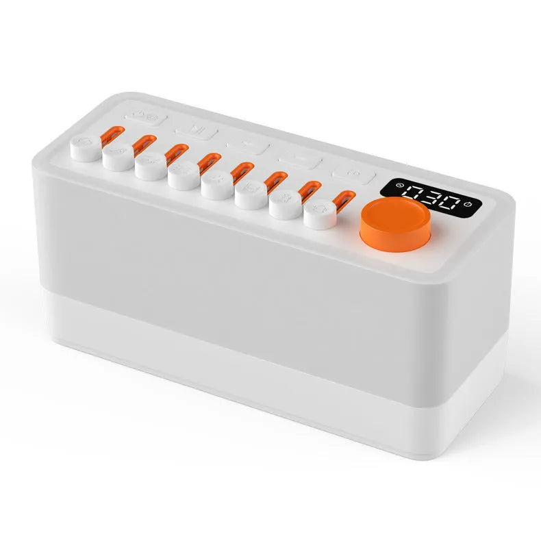 White smart sleep speaker night lamp with USB power, 2600 mAh battery, 180 x 73 x 80 mm, alarm clock and RGB light