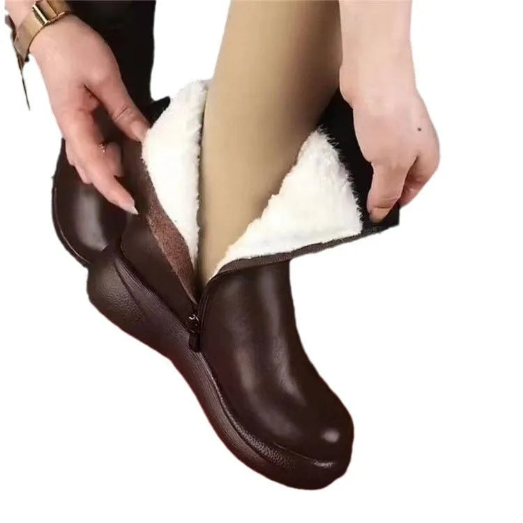 Retro British style cowhide middle boots with side zipper and rubber sole for women