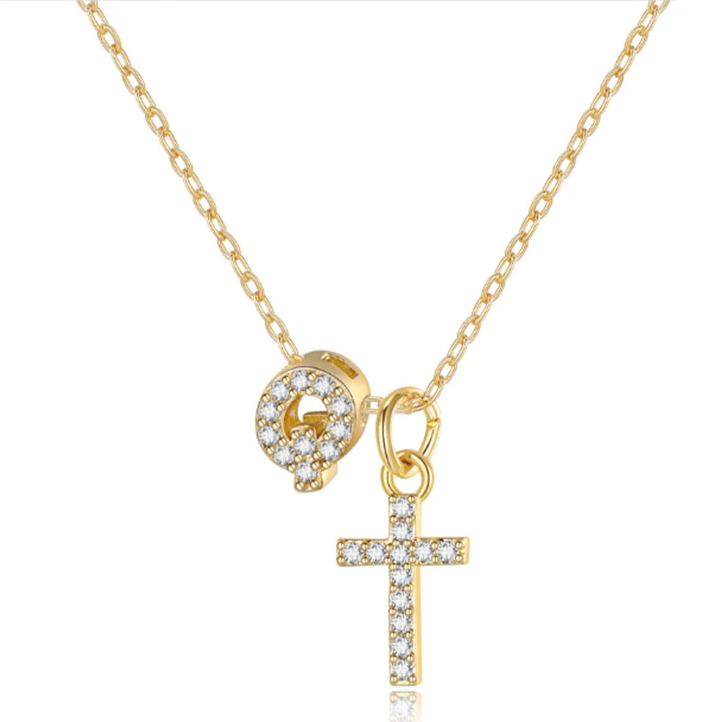Copper letter pendant necklace with zircon inlay in A style electroplated finish on regular chain