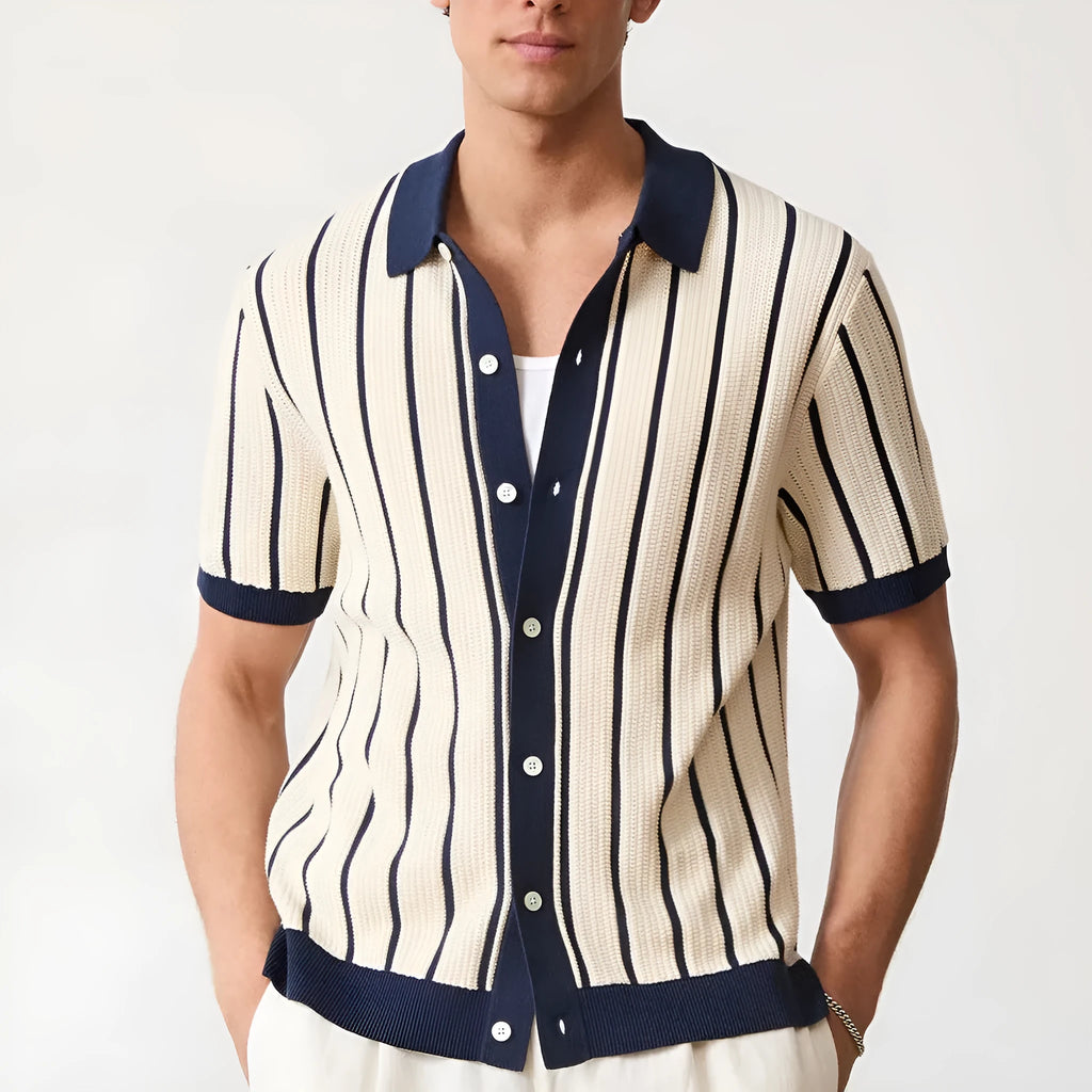 Men's white asymmetric lapel short sleeve knitted shirt with stripe pattern