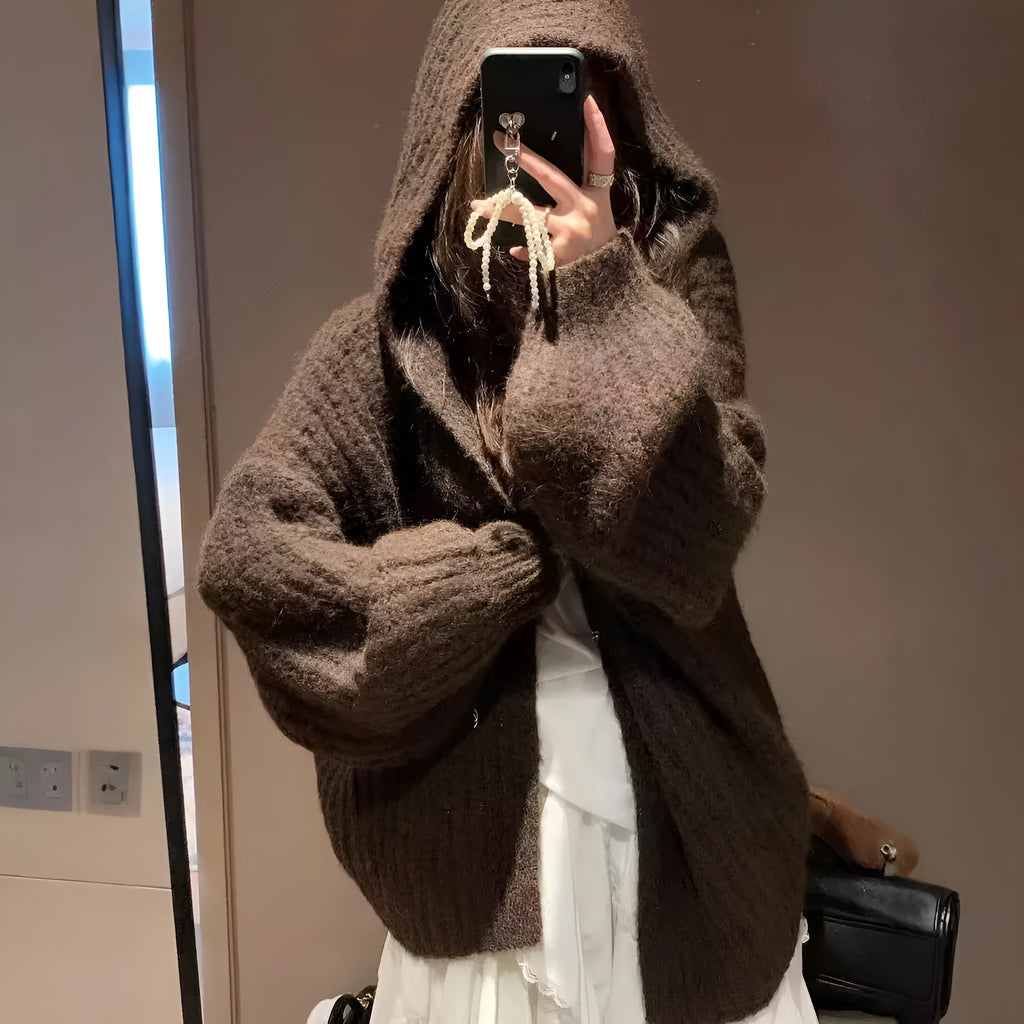 Women's retro-style thick hooded cardigan in dark grey, shown open as a sweater.