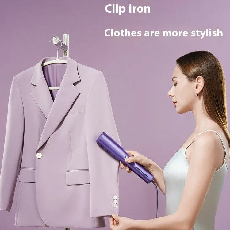 Handheld garment steamer with AI temperature control display showing dual heating modes for hanging and flat ironing