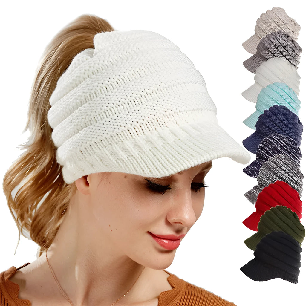 Women's knitted acrylic beanie hat designed for wearing with a ponytail or bun.