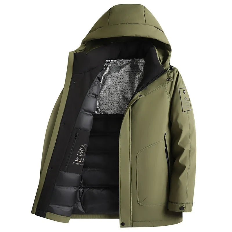 Men's white duck down hooded jacket in black, with chemical fibre blend shell, sizes 170 to 195