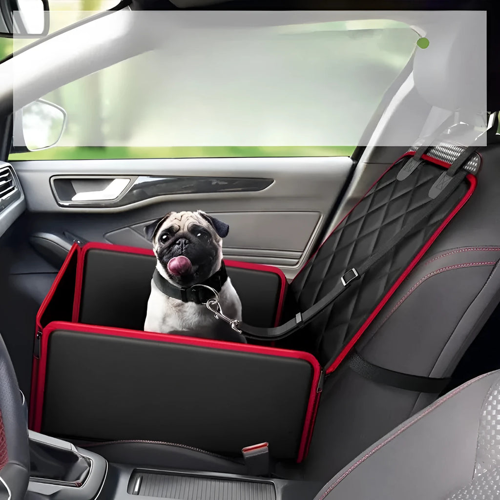 Large square black dog car seat protector with non-slip base on a vehicle front seat.
