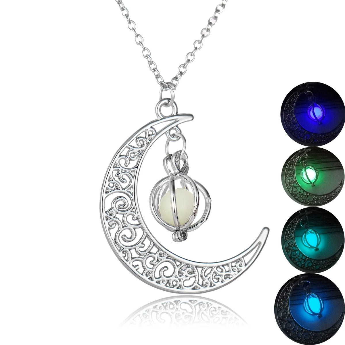 Luminous moon pendant necklace with copper charm, bamboo chain, 45+5cm adjustable length, glow in the dark, four colours