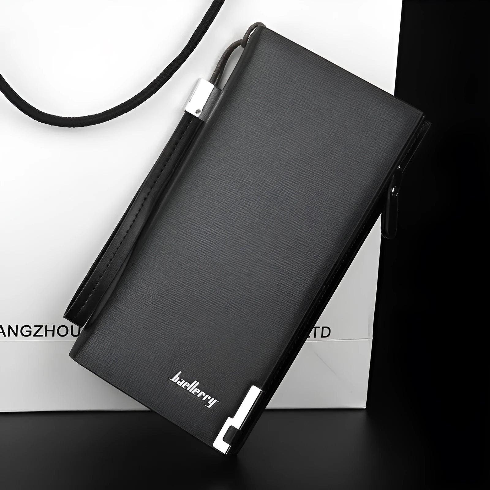 Men's long multifunctional zipper wallet in black PU leather with zipper closed.